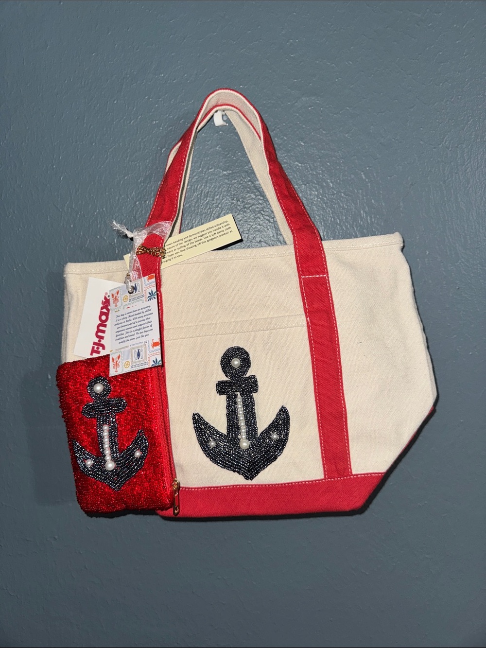 Anchor Beaded Tote with Red Trim